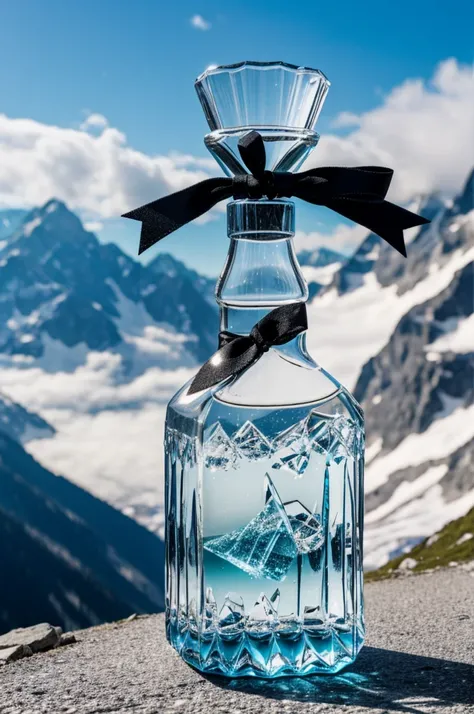 A bottle of crystal water tied with a black gift bow stands in the Alps 