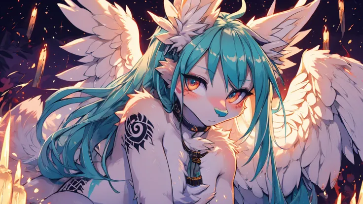 Miku Hatsune, add high definition_detail:1, blue fur,kitsune ears, tribal tattoo add_detail:1, in heaven add_detail, angelical girl, angel wigns add_detail, angelic yokai kitsune,