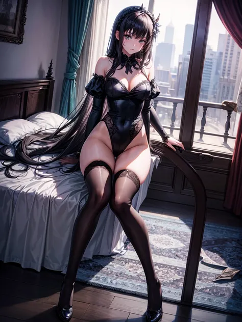 Highest quality,Highest Resolution,Beautiful girl in gothic leotard,High leg,whole body,front,Very beautiful eyes,Bedroom,Night view outside the window,Knee-high stockings,