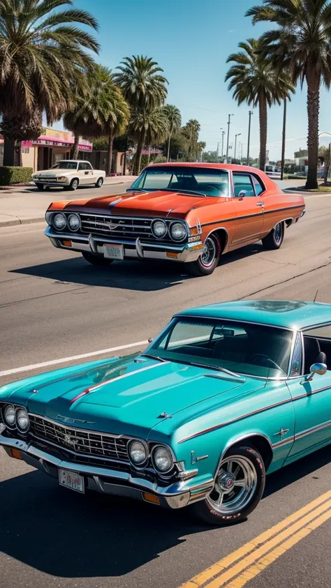 A photorealistic image of a lowrider car bouncing on a sun-drenched boulevard. Palm trees sway in the breeze. The car is a classic Chevy Impala with candy apple purple paint and Chicano murals depicting fantastical creatures and Aztec warriors. Chrome glea...