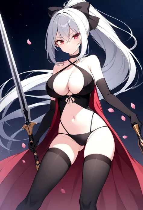 slender, mature female, 1girl, breasts, rating:safe, gloves, long_hair, weapon, choker, red_eyes, sword, petals, solo, navel, thighhighs, cleavage, holding, ponytail, large_breasts, bare_shoulders, elbow_gloves, silver_hair, looking_at_viewer, black_pantie...