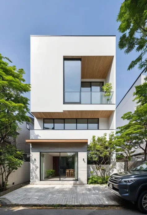 a high-resolution, horizontally framed shot of a minimalist muji style three-story house exterior. the facade features a combina...