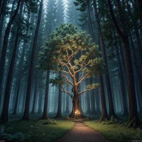 a tree with lights in the middle of it in a forest, large magical trees, magical tree, magical concept art, enchanted magical fantasy forest, magic tree, fantasy tree, magical fantasy forest, magical environment, background art, magical forest, enchanted a...