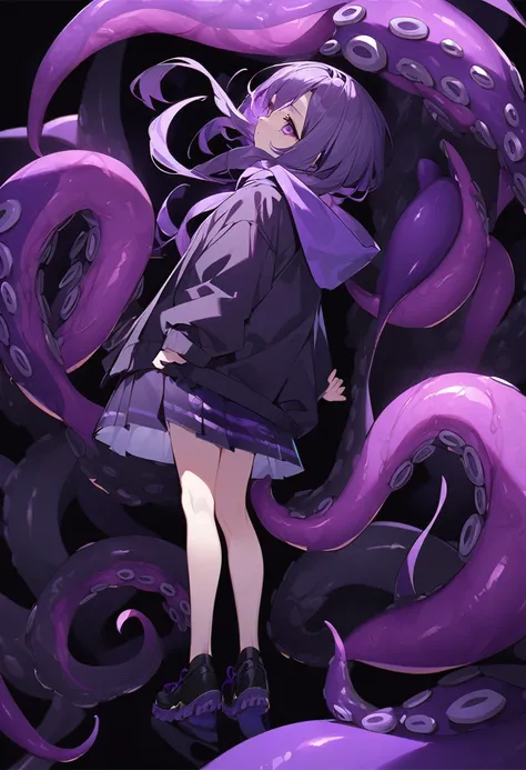 Keito。Purple Eyes。Purple Hair。Purple Skirt。Black shoes下。Black shoes。Purple hoodie。Parasitized。Tentacles from eyes。Tentacles from the back