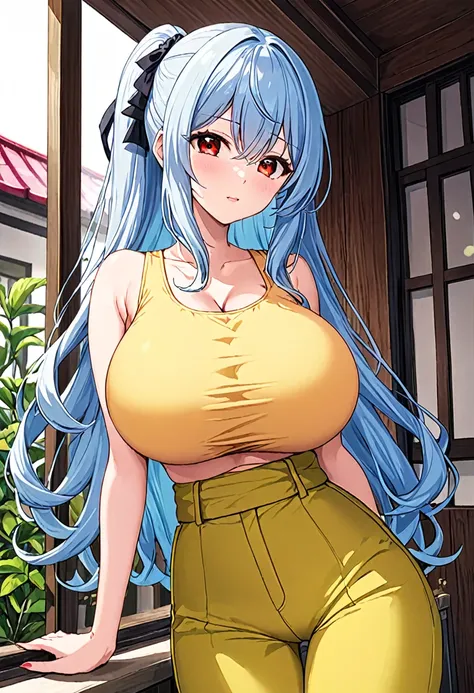 My name is Yukiko.I am a white test woman with long Sky blue hair,red eye color.I am 1.62 cm tall . My breasts measure 200 cm, my waist 40 cm and my hips 200 cm. Dressed in a low-cut yellow blouse and tight green pants, with her hair tied over her shoulder...