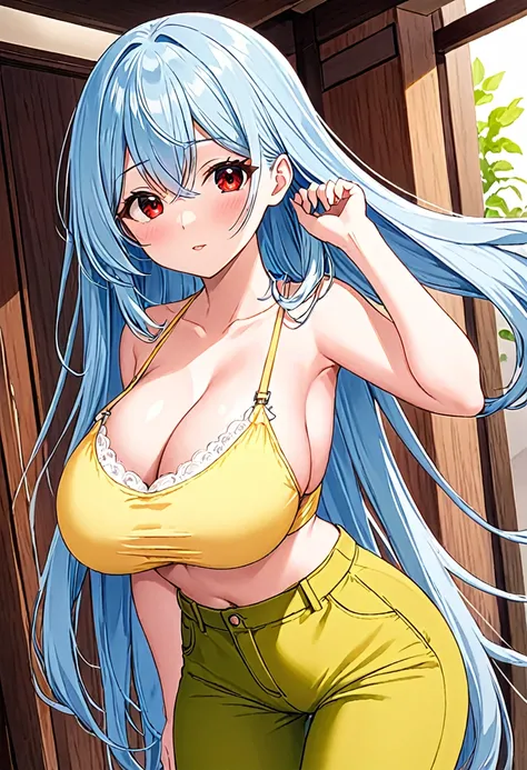 My name is Yukiko.I am a white test woman with long Sky blue hair,red eye color.I am 1.62 cm tall . My breasts measure 200 cm, my waist 40 cm and my hips 200 cm. Dressed in a low-cut yellow blouse and tight green pants, with her hair tied over her shoulder...