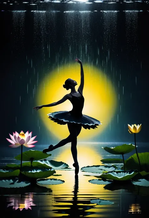 heavy rain，Rain splash，Girl shows black silhouette,Contrast with bright background,ballet silhouette,High contrast,Silhouette ballerina on the lake,lotus, lily pad，Shooting against the light，