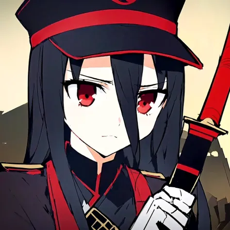 Anime girl with red eyes holding a sword and a red hat, Style of Red Line Anime, Katana Zero Video Game Character, Cute girl anime visual, shuushuu anime character, female anime character, Anime Stills, sao style anime, Kill, kill, kill, Anime style like f...