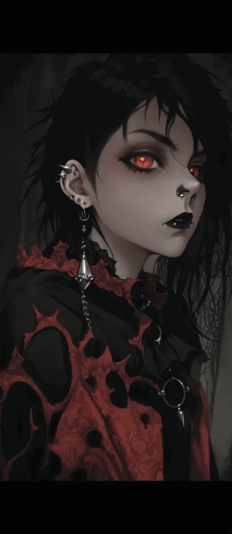 a close-up of a person with a cell phone in their hand, piercing look, ((rot)) bulging eyes, dark piercing eyes, very low quality image, using spikes and piercings, 1 7 year old goth girl, with anxious and penetrating eyes, androgynous face, androgynous, G...