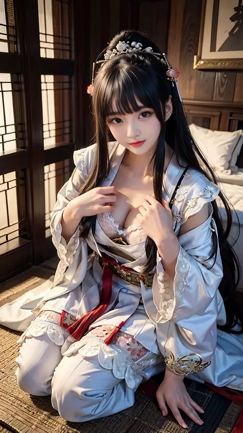 Chinese ancient style，18-year-old beauty，Quiet，Kneeling at the bedside，blushing，Expression，White lace hanfu，Dark background，Sexy bra，Ancient style house，Large bust，Depiction，enchanting。Masterpiece，8K，Very close observation，细致Depiction