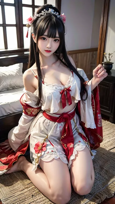 Chinese ancient style，18-year-old beauty，Quiet，Kneeling at the bedside，blushing，Expression，White lace hanfu，Dark background，Sexy bra，Ancient style house，Large bust，Depiction，enchanting。Masterpiece，8K，Very close observation，细致Depiction