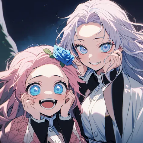 1. The fate of Kimetsu no Yaiba, long hair,light pink hair with light blue tips, light blue eyes, a blue rose in her hair,demon hunter uniform,haori rosa, Grinning, both hands on the cheek,gazing at viewer, background night