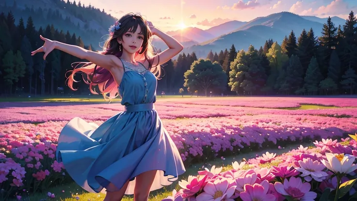 (Highest quality,4K,8K,High resolution,masterpiece:1.2),Very detailed,(now,Realisticに,Realistic:1.37),girl in a luxurious blue dress,His eyes were sparkling with joy, Her lips were slightly curved，Show a kind smile. The sun casts a warm golden light on her...