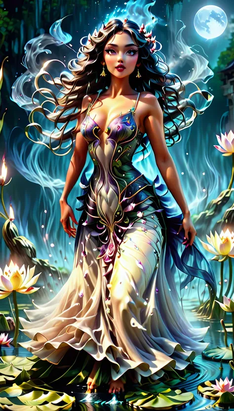 best quality, masterpiece, Surreal dark fantasy style, a goddess of succubus dancing in the moonlight on a beautiful Lotus inside a beautiful pond_turquoose_water, intricate embroidery all over her dress, big breast spilling out of dress, dreamy, (hyper de...