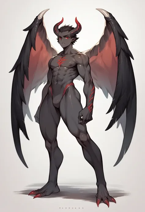 Monster with black skin and red eyes with wings, body looks like it is completely made of blades and its black wings are gigantic