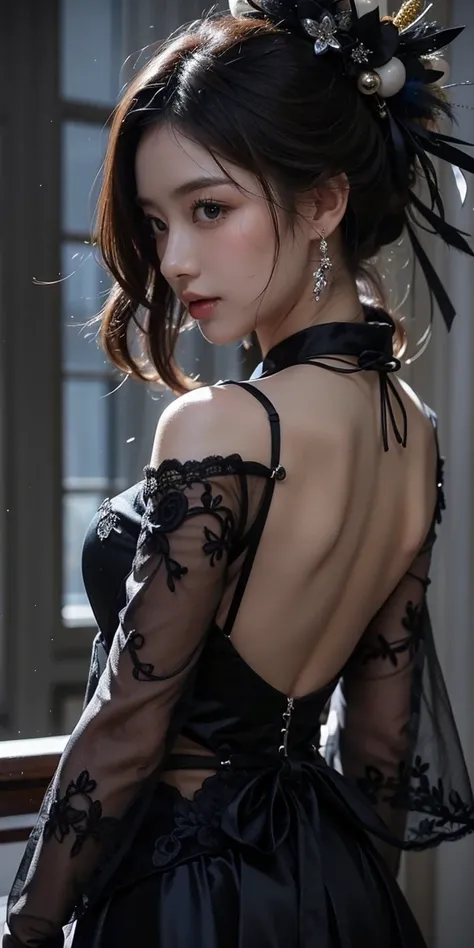 Beautiful Japanese Waifu, early 30s, brunette hair, black luxurious lace dress