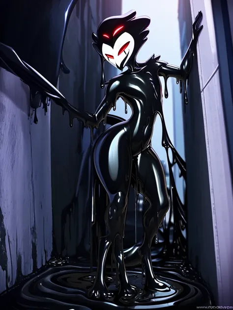 Tanraak (style), ((masterpiece)), ((8k quality)), (no watermark), stolas, male, leaning in alley, sleek, shiny black slime body, long tail feathers, shiny, slick, goo, gooey, wide hips, white pupils, black goo, black goo puddle, dripping goo, black body,