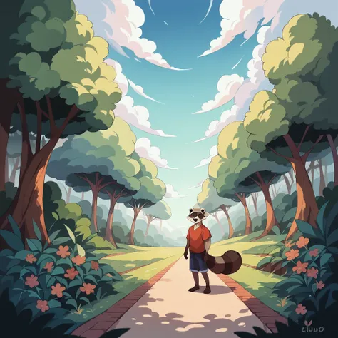 Top quality, high resolution, high quality illustrations, incomparable masterpiece (life movie) forest, cloudy sky, Clouds, floral beautiful garden (furry ant, raccoon, alone, boy, Casual fashion, Relux poses, smile) absurdities , perfect anatomy, animated...