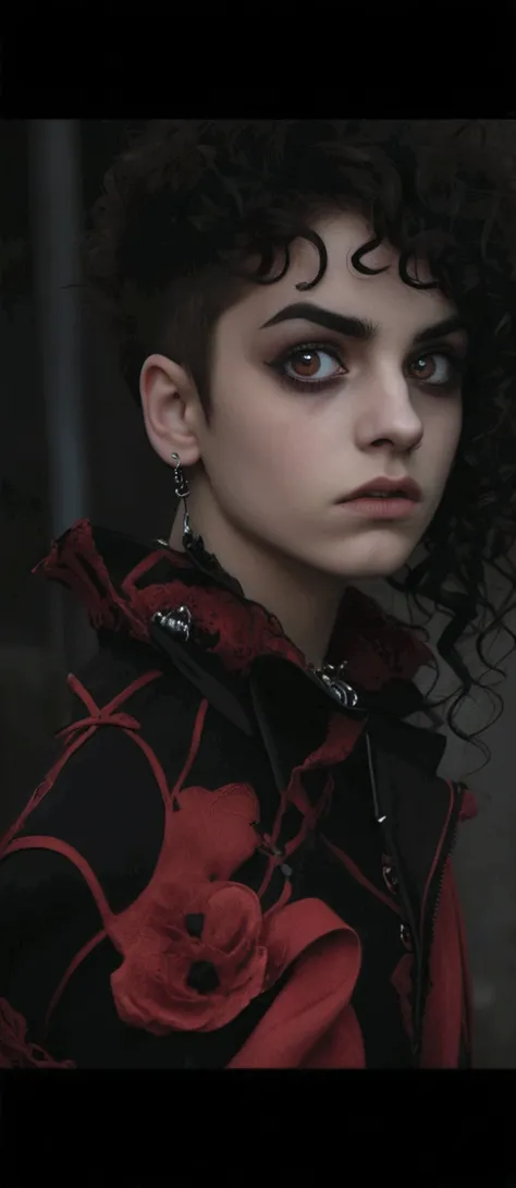 a close-up of a woman with a cell phone in her hand, penetrating gaze, dark piercing eyes, usando piercings, about 20 years old, with anxious and penetrating eyes, androgynous face, androgynous, Gothic aesthetic, androgynous vampire, androgynous person, sh...