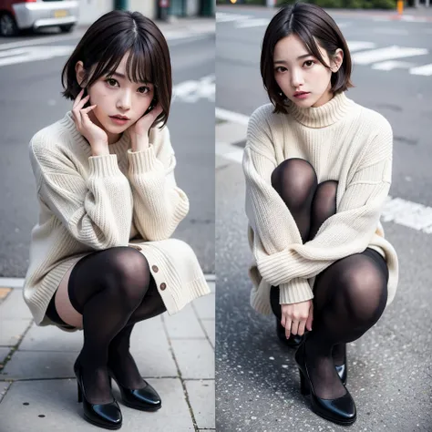 Photos taken by a professional photographer，Close-up of a woman squatting on the sidewalk with her legs crossed, kiko mizuhara, Wear a sweater, Shirahime cuts her brown hair, Wear a sweater, Young and pretty girl, Japanese Model, 白いWear a sweater, Chiho, ラ...