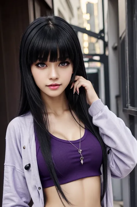 long eyelashes, good features, attractive, pompous lips, purple eyes, flat abdomen, fit body, big baggy clothes, small waist, fair skin, lip piercing, ear piercing, small bust, long messy black hair , with bangs, has fangs, casual clothes, girl