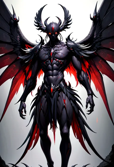 monster with black skin and red eyes with wings, body looks like it is completely made of blades and its black wings are giganti...