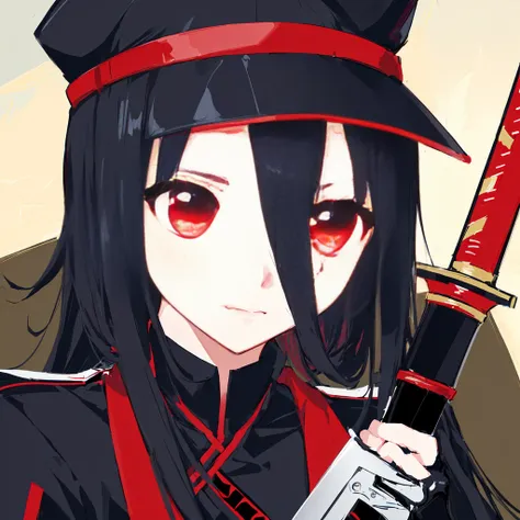 Anime girl with red eyes holding a sword and a red hat, Style of Red Line Anime, Katana Zero Video Game Character, Cute girl anime visual, shuushuu anime character, female anime character, Anime Stills, sao style anime, Kill, kill, kill, Anime style like f...