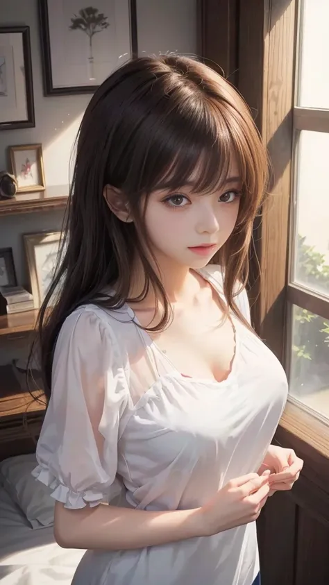 Anime girl with long hair standing in front of the window, Enchanting anime girl, Anime Girl Portrait, Smooth anime CG art, Beautiful Anime Girls, Detailed digital anime art, Attractive anime girl, Painted in an anime artist&#39;s studio, Beautiful anime p...