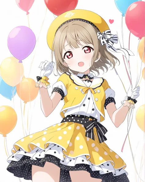 kasumi nakasu　lovelive　yellow-brown hair　very short hair　short bob　straight hair　red eye　poppin'up!　yellow costume　balloon skirt...