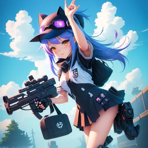 a cartoon image of a girl with a gun and a hat, splash art anime , fully robotic!! catgirl, cute art style, pixiv contest winner...