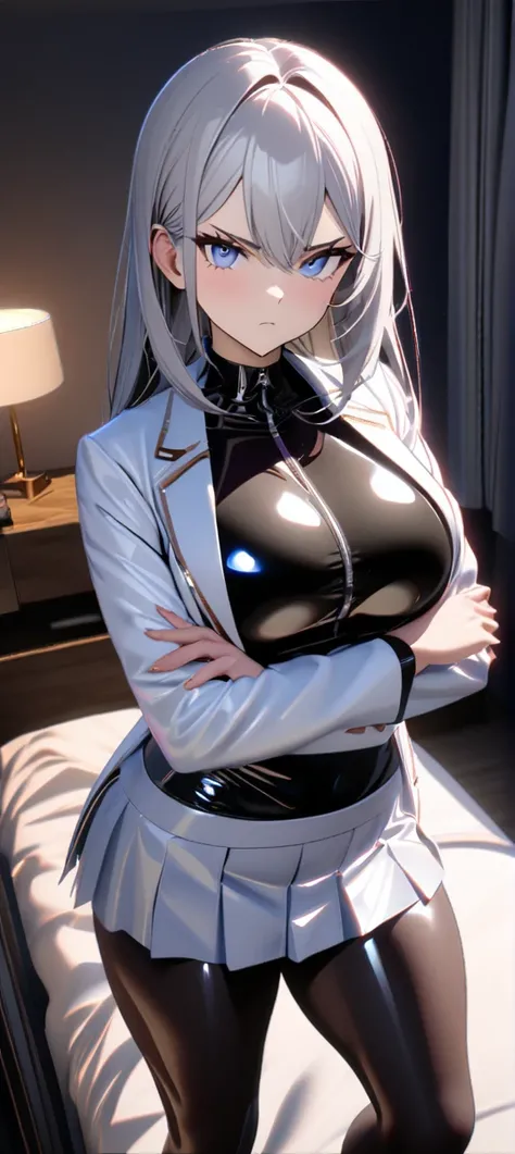 1 girl, ((Girl is curvy and slim, attractive and tall)), ((Girl has long silver hair)), ((purple and blue gradient eyes)), ((Girl wears a black latex shirt, white jacket, short white pleated skirt, black stocking)), ((Girl is in the bedroom)), ((Girl is lo...