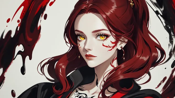 Artboard , Painting a close up of a woman with dark red hair , The woman has a long white robe with black lines on it, Yellow Eyes , Beautiful fantastic kanzashi , beautiful character Painting , Magnificent and elaborate character art, Amazing character ar...