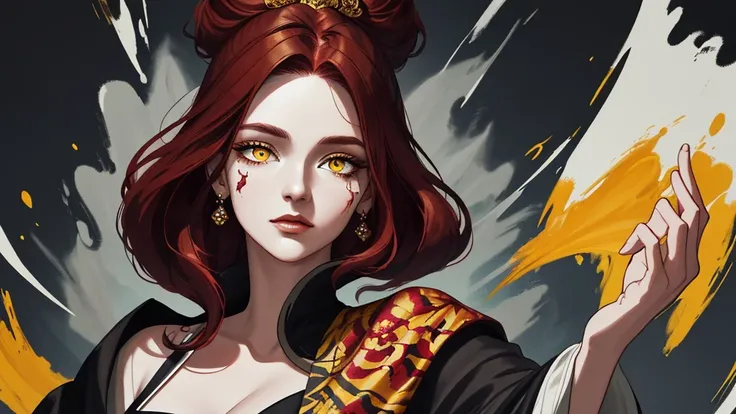 Artboard , Painting a close up of a woman with dark red hair , The woman has a long white robe with black lines on it, Yellow Eyes , Beautiful fantastic kanzashi , beautiful character Painting , Magnificent and elaborate character art, Amazing character ar...