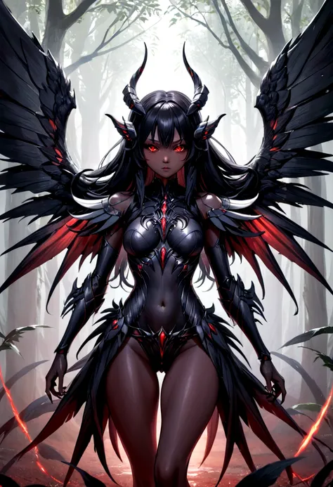 monster with black skin and red eyes with wings, body looks like it is completely made of blades and its black wings are giganti...