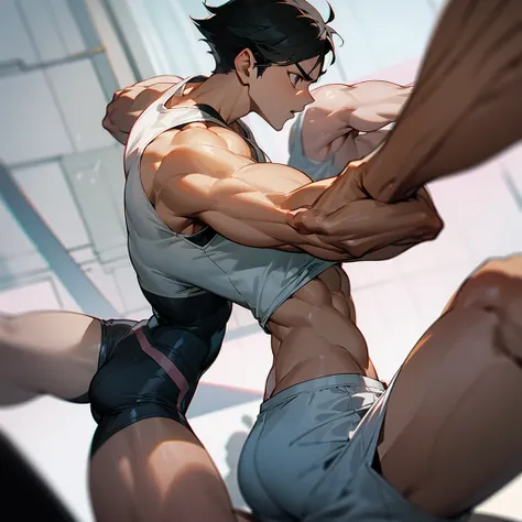 White tank top, gray trunks, short black hair, male, fighting pose