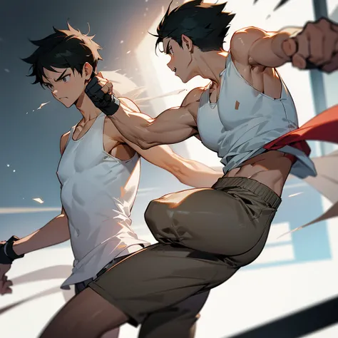 White tank top, gray trunks, short black hair, male, fighting pose