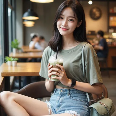 A young korean woman sitting on coffe shop. She wears a sage shirt and denim shorts, Medium Chest Size, accessorized with a small shoulder bag. She holds a drink with a straw, smiling warmly at the camera. cheerful and relaxed atmosphere of the scene. real...