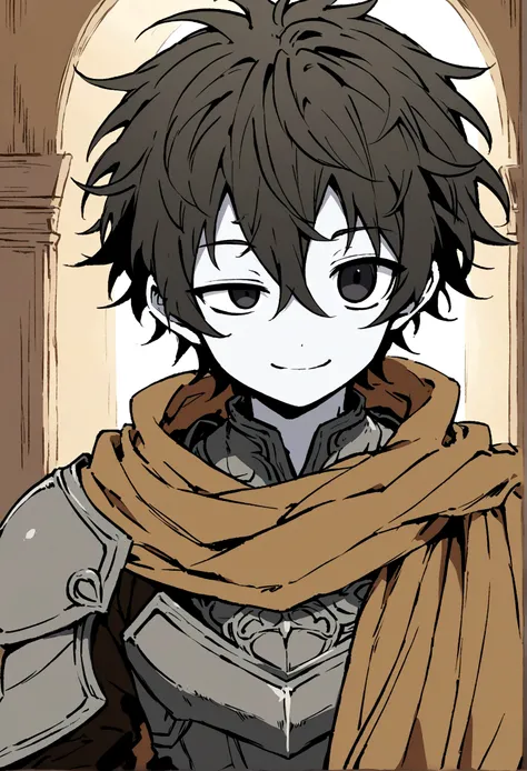 Anime drawing style of an adorable effeminate boy with slightly long black messy hair with pale skin and black eyes wearing gray armor with brown cloth while having an innocent smile even though he is missing one eye