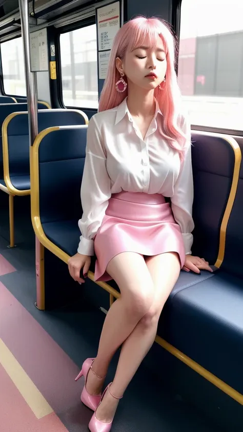 20th generation women,,Clear images、Real women、Pink Hair,  she、Side Tail is fast asleep with his eyes closed and his mouth open., Slender figure ,Breasts are a little bigger than normal , Full body shot from head to toe, Shiny pink high heels、 blouse、mini ...