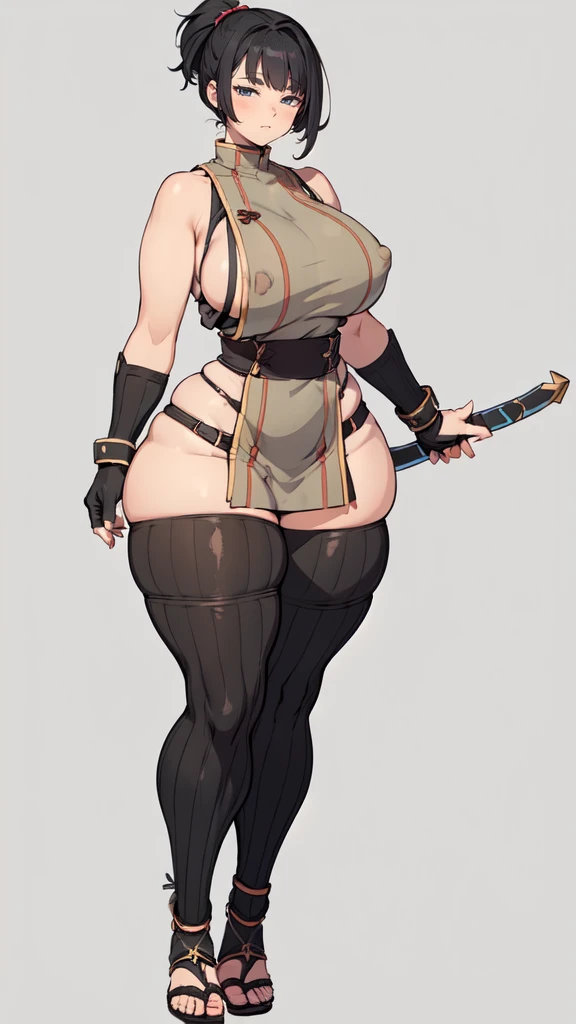 (masterpiece), best quality, female warrior, huge girl, female muscular:1.2, (curvy:1.8), (((blank background))), ((full body)), fingerless gloves, sandals, sleeveless, covered nipples, (underboobs:1.3), ((buzzcut hairstyle)), black hair, hair over eyes, (...