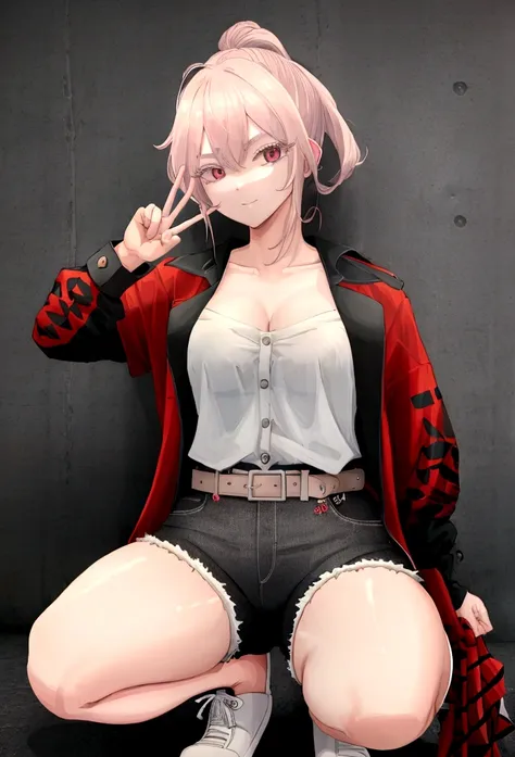 ((highest quality)), ((masterpiece)), (detailed), one girl, sexy shorts squatting　one-handed peace sign　touching ear with one ha...