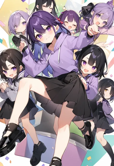 Keito。Purple hoodie。Black Skirt。Purple Eyes。Black Hair。Black shoes下。Black shoes。6 people。The eldest daughter has purple hair