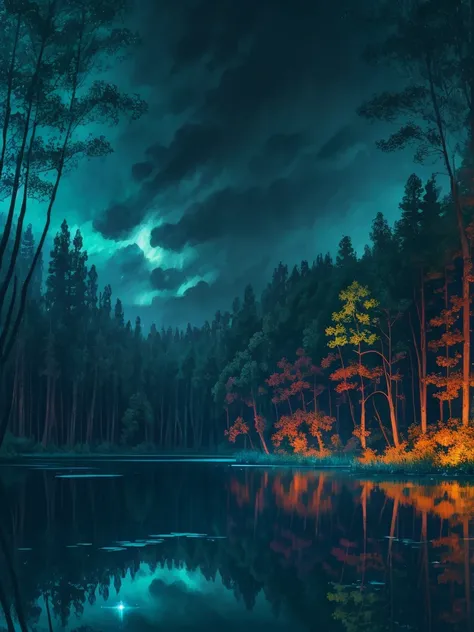 a painting of a lake with leaves floating on it at night, glowing reflections, magical colours and atmosphere, magical colors and atmosphere, monet. stunning lighting, beautifully lit landscape, river gorgeous lighting, glowing water, mystical forest lagoo...