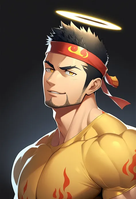 anime characters：Gyee, priapus, 1 young muscular man, male focus, Flame tattoo, sports Red headband, Dark yellow spandex tight T-shirt, Very tight, Slightly transparent, muscular male, muscular, Round, firm and full chest muscles, only, Upper body, alone, ...