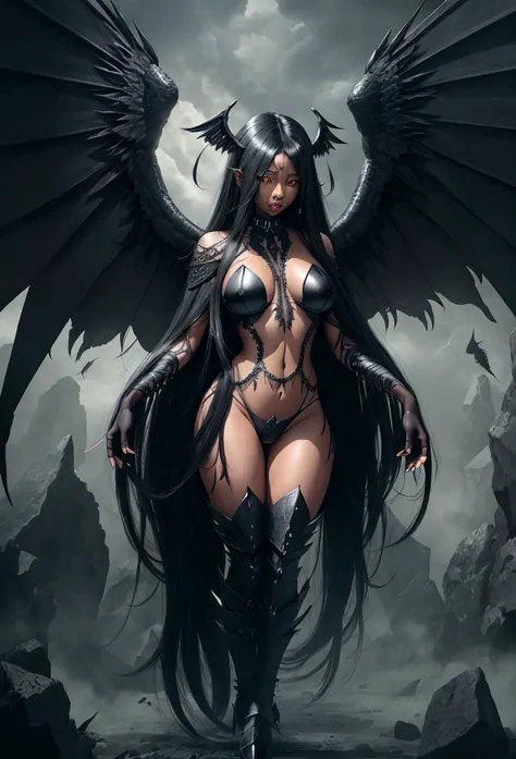 Monster with black skin with wings, body looks like it is completely made of blades and its black wings are gigantic, long black hair that covers everything around