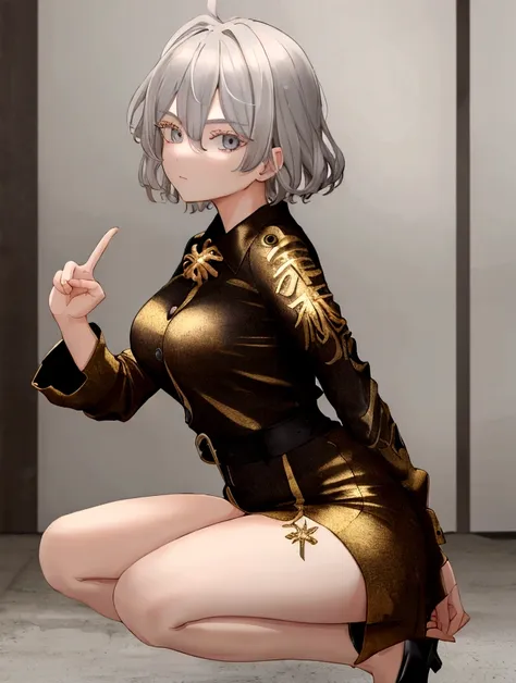 ((highest quality)), ((masterpiece)), (detailed), one girl, sexy　short hair　squat　extend one hand and make a peace sign　touching...