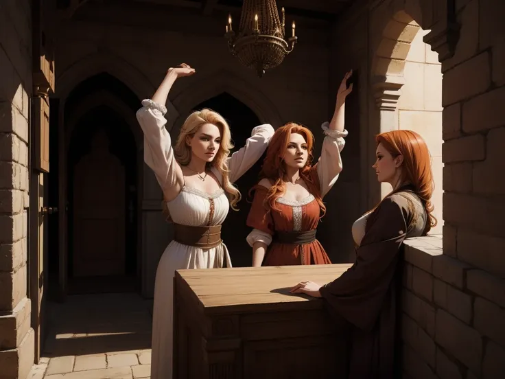 two women leaning on the wall with their arms up, a blonde and a redhead, They wear blouses from the medieval period, take 3/4 in front of the camera