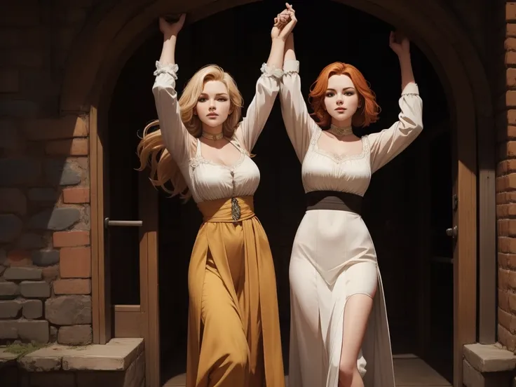 two women leaning on the wall with their arms up, a blonde and a redhead, they wear blouses from the medieval period, take 3/4 i...