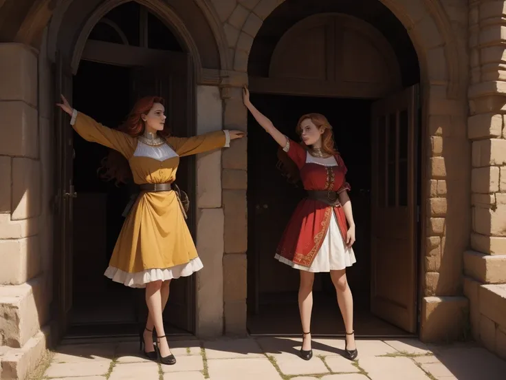 two women leaning on the wall with their arms up, a blonde and a redhead, they wear blouses from the medieval period, take 3/4 i...