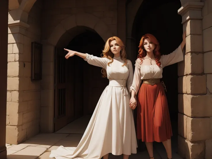 two women leaning on the wall with their arms up, a blonde and a redhead, they wear blouses from the medieval period, take 3/4 i...